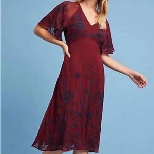 Anthropologie Maeve francoise red embroidered flutter sleeve dress 2